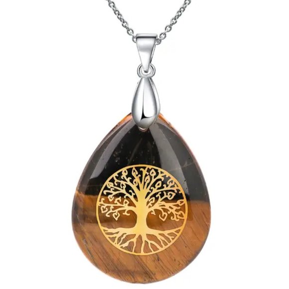 Tiger Eye Tree Of Life Natural Stones Necklace Gemstone Healing Pendant - Picture 1 of 2